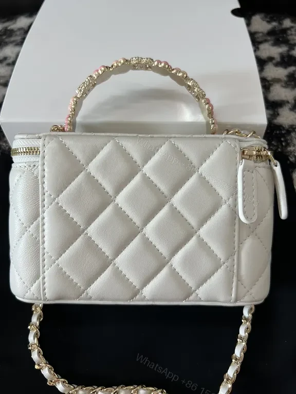 View 9 of Chic Quilted Mini Bag with Gold Emblem - White, Faux Leather, Luxe, Compact Luxury Bag