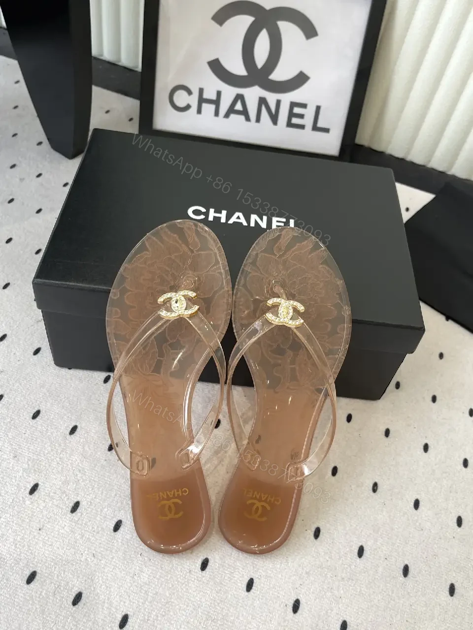 View 6 of Beige Leather Chanel Logo Flip-Flops Sandals