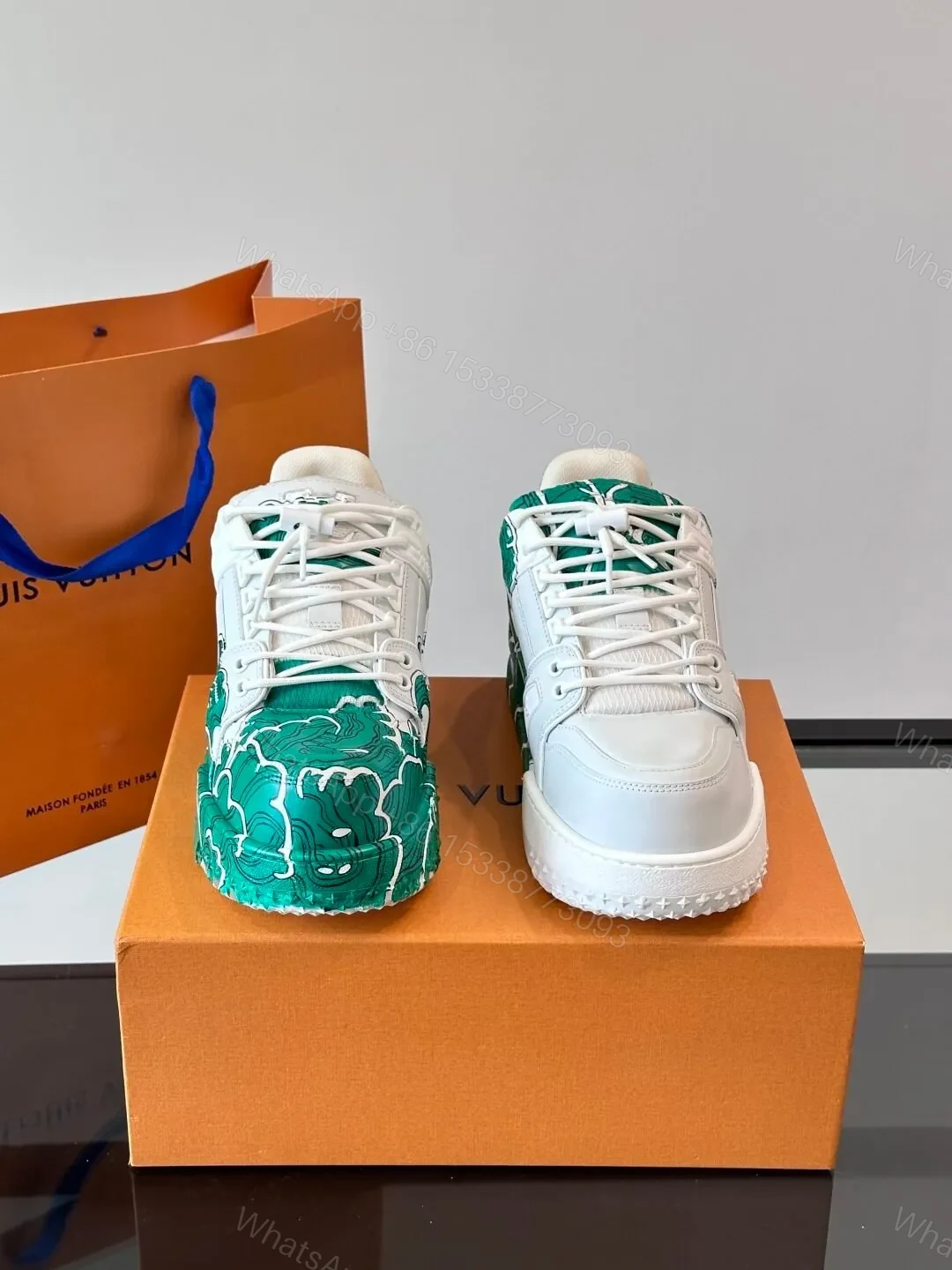 View 2 of LV Men White Green Leather Sneakers