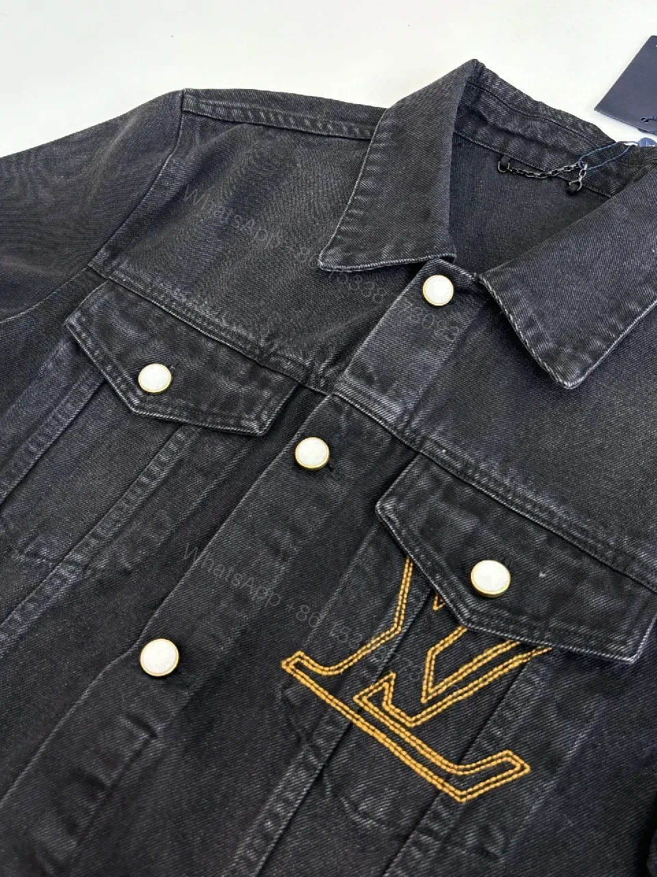 View 3 of Dark Denim Jacket, Embroidered Logo, Casual Luxe Outerwear
