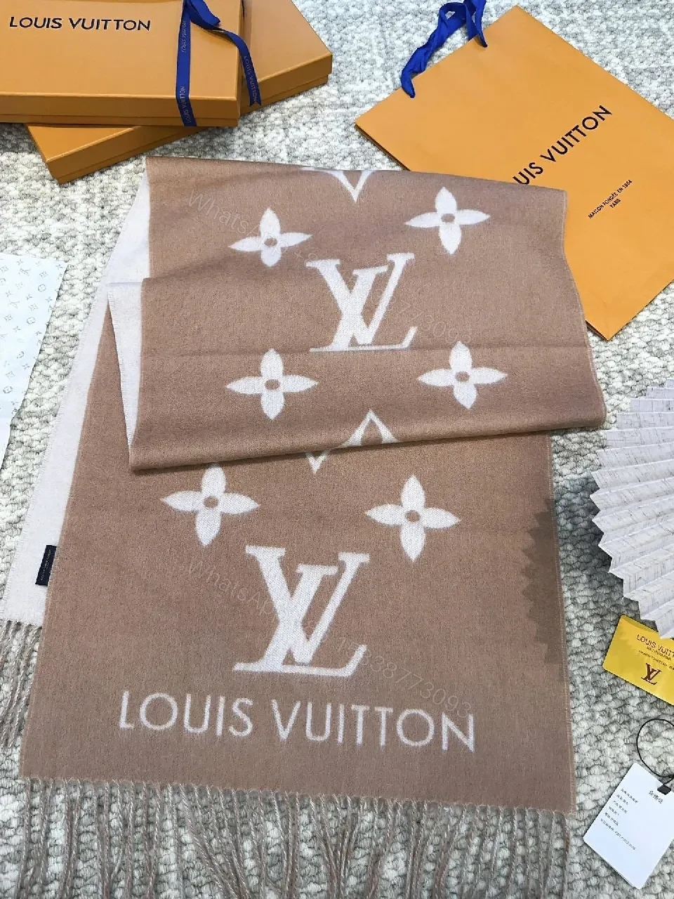 View 6 of Taupe Monogram Scarf: Soft, Luxurious, Fringed Wrap