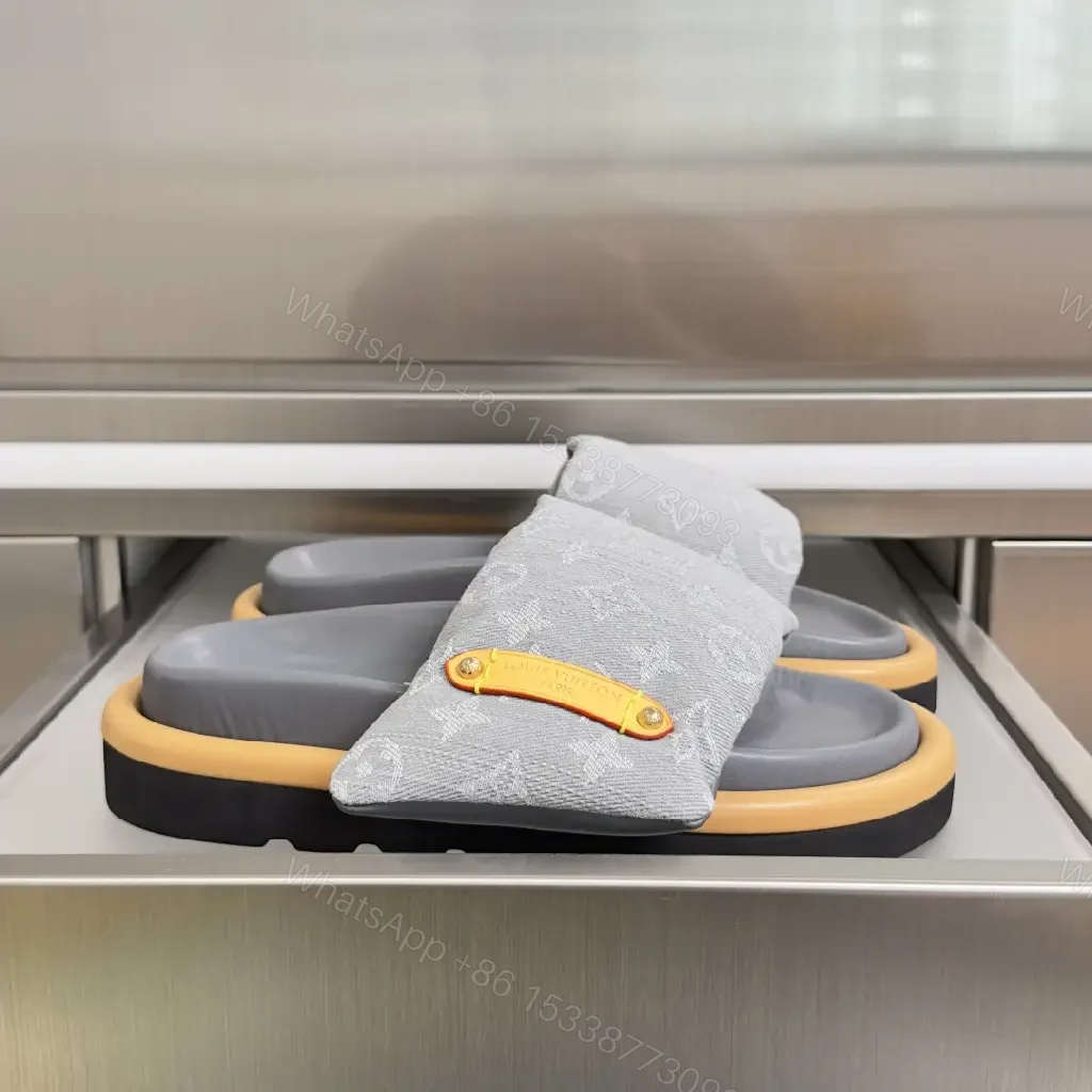 View 2 of Soft Denim Monogram Slides with Leather Accent — Everyday Luxury