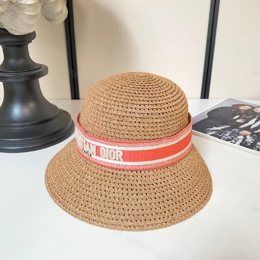 View 9 of Light Brown Straw Hat Wide Brim Red Dior Band Hat
