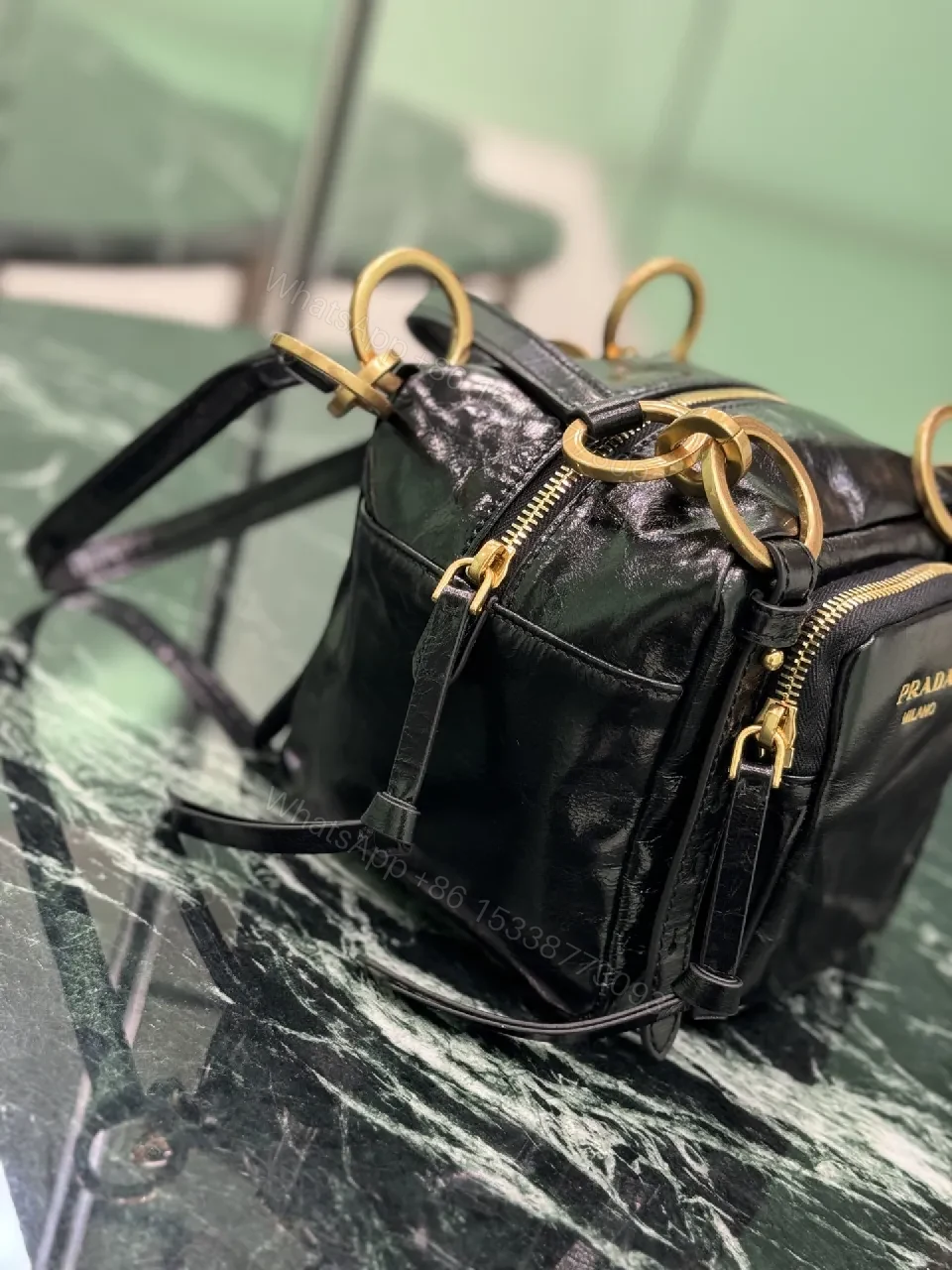 View 5 of Black Leather Compact Bag with Gold Hardware, Modern Luxe, Everyday Carry