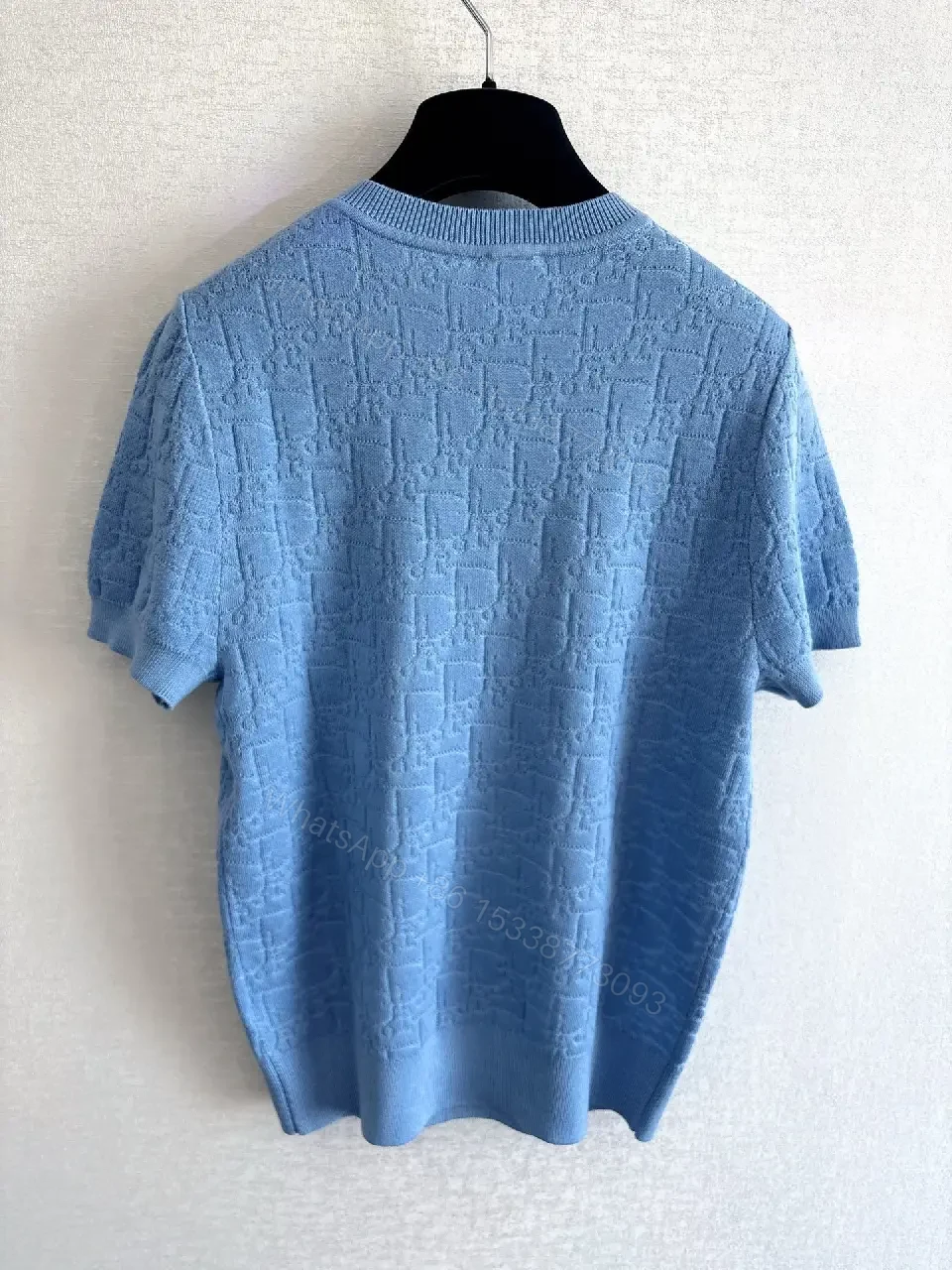 View 4 of Light-Blue Textured Knit Crewneck - Subtle Designer Pattern