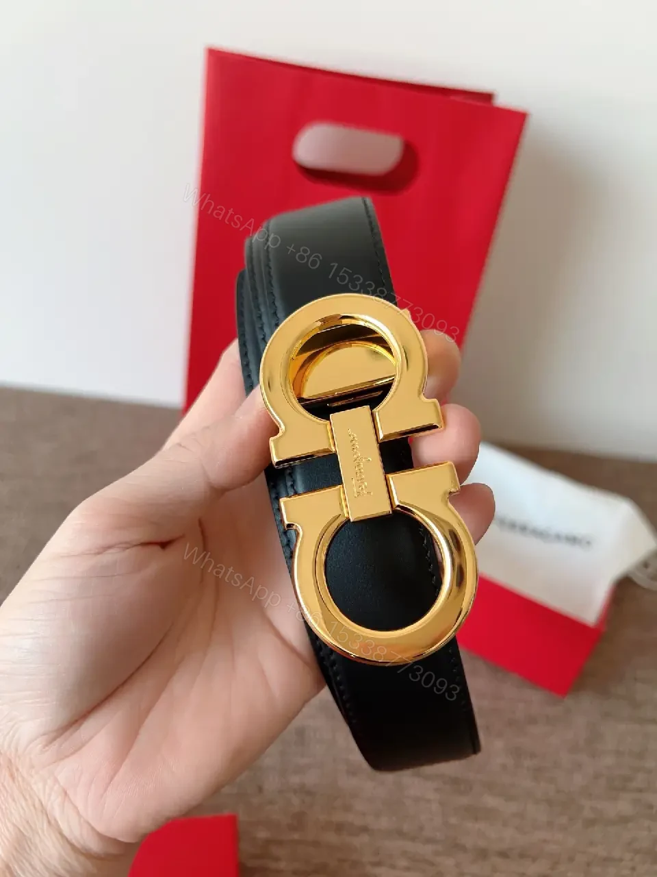 View 10 of Elegant Black Leather Belt with Gold Hardware