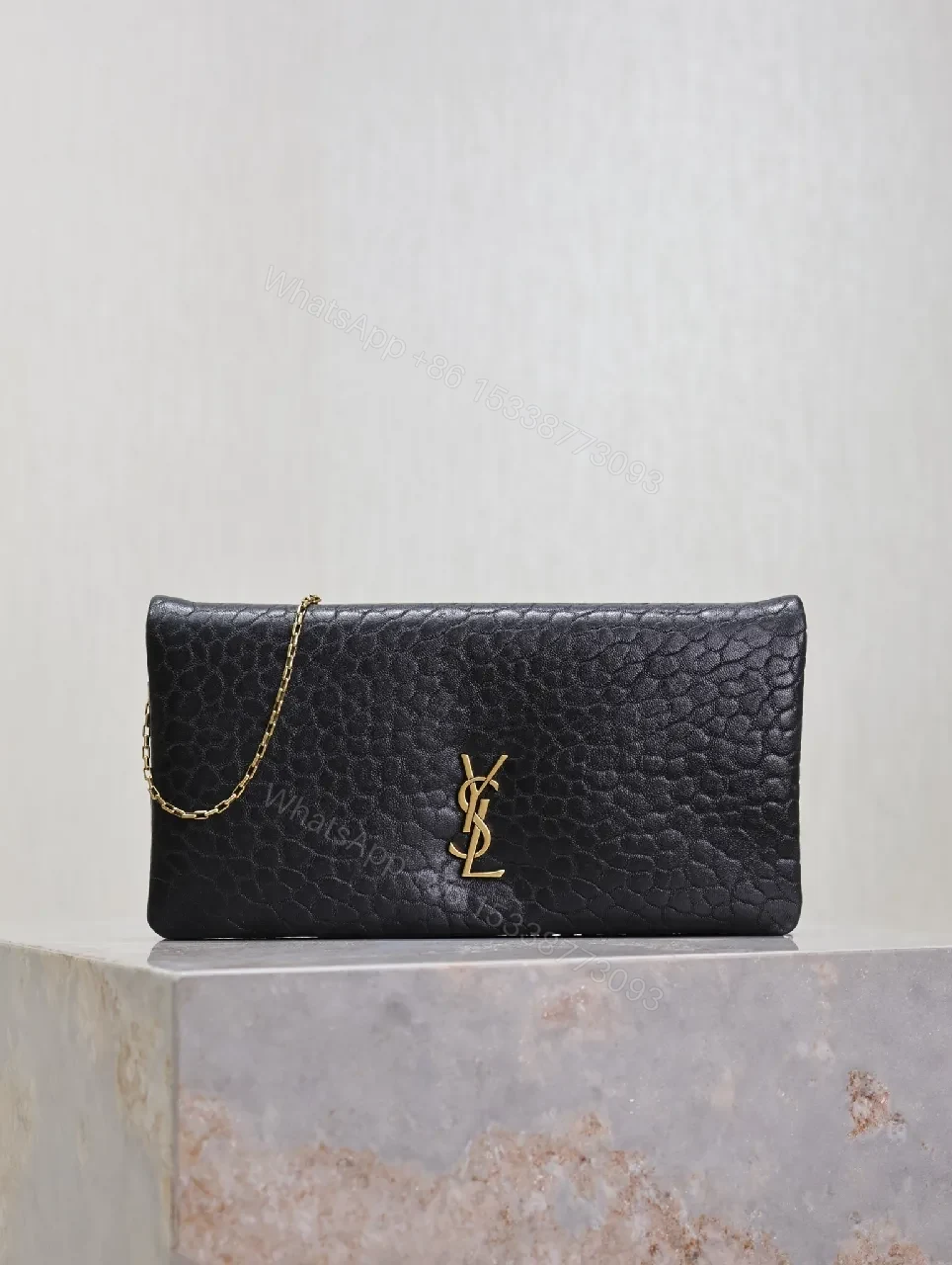 Black Leather Clutch with Gold Hardware Chain — view 1