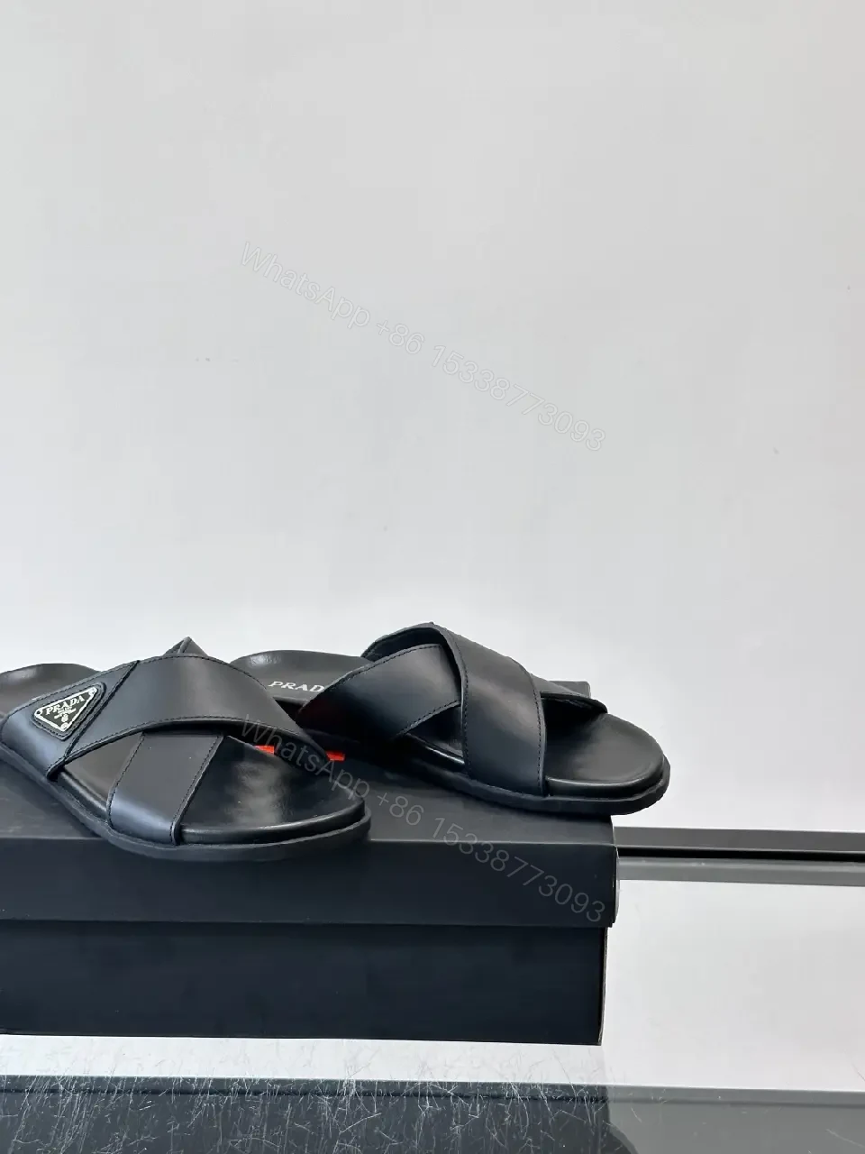 View 4 of Black Leather Slides Prada Logo Slide Sandals Comfort Fit Sandals