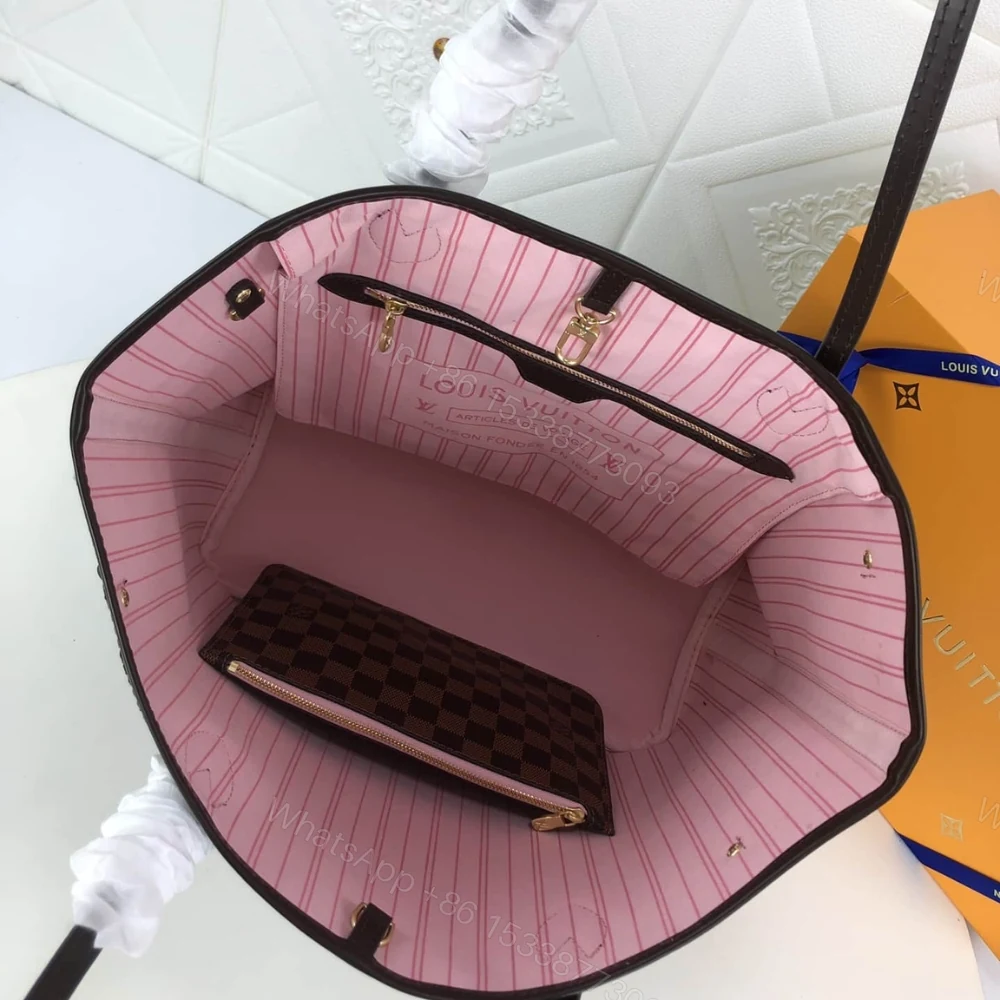View 8 of Louis Vuitton Damier Ebene Neverfull MM Brown And Light Pink 32Cm N41603