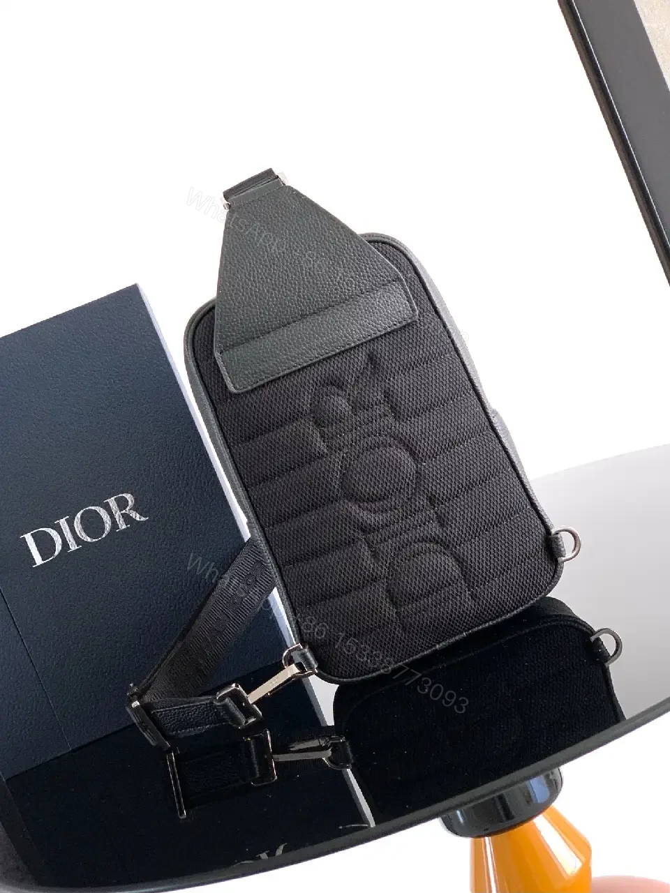 View 10 of Compact Leather Crossbody: Monogram Textured Black Bag