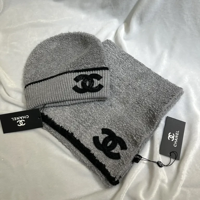 View 2 of Chic Logo Plush Scarf & Beanie Set â€“ Cream/Black, Cozy Luxury