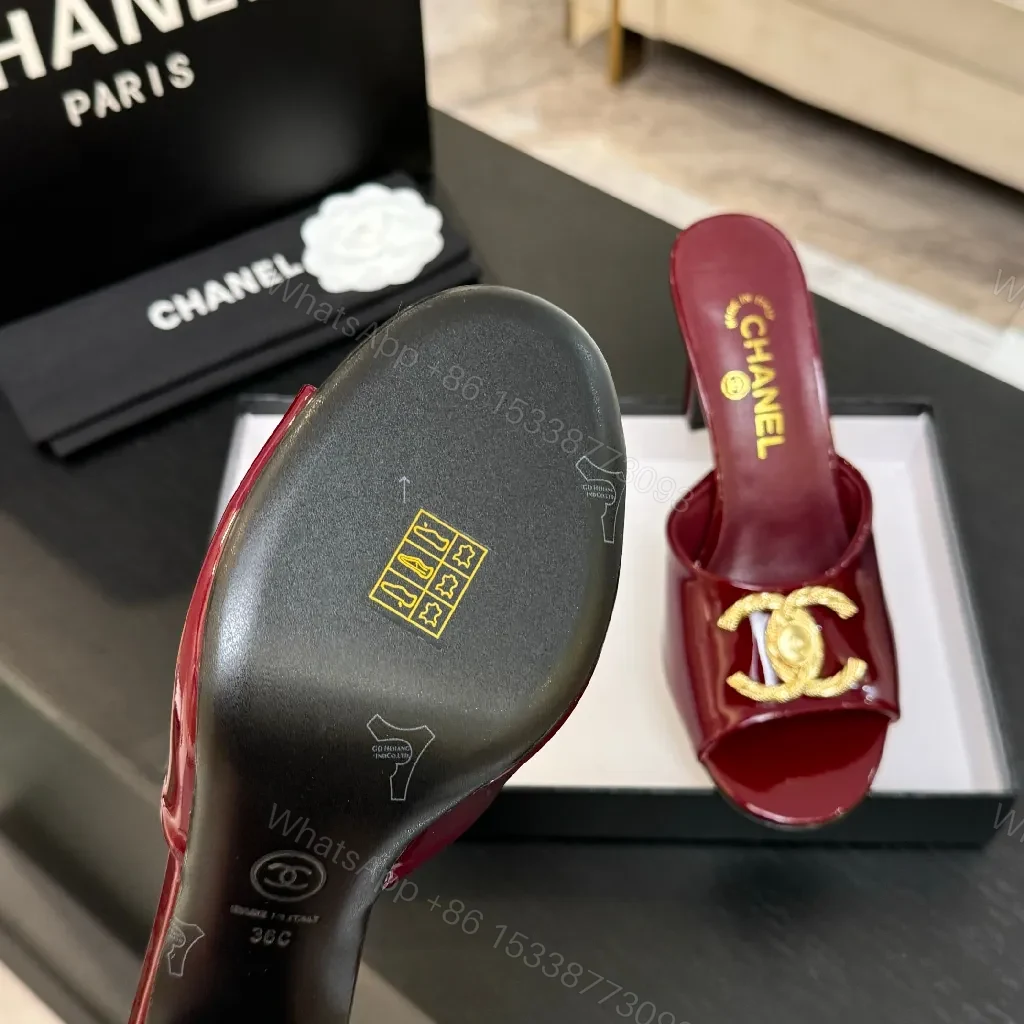 View 5 of Red Patent Mule with Gold Chain - Lux Open-Toe Style Mule