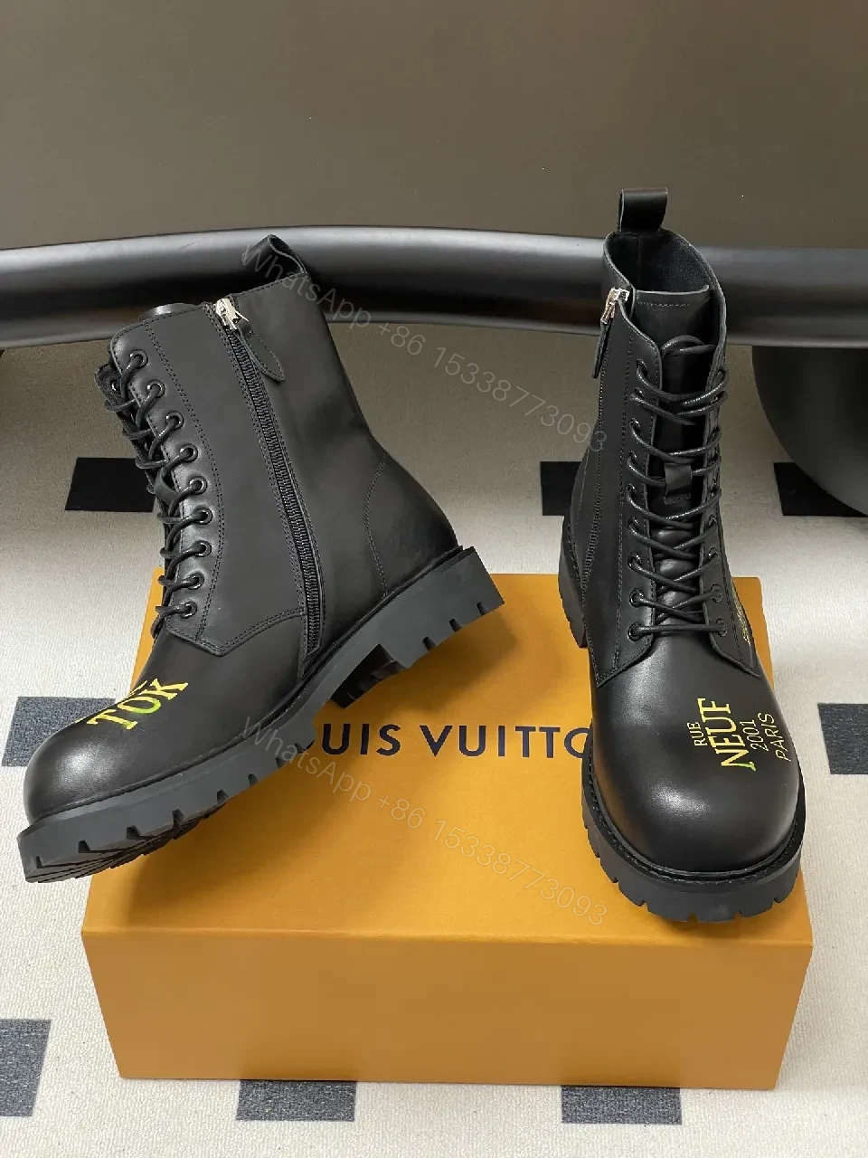 View 9 of Bold Black Combat Boots with Gold Detailing: All-Day Comfort