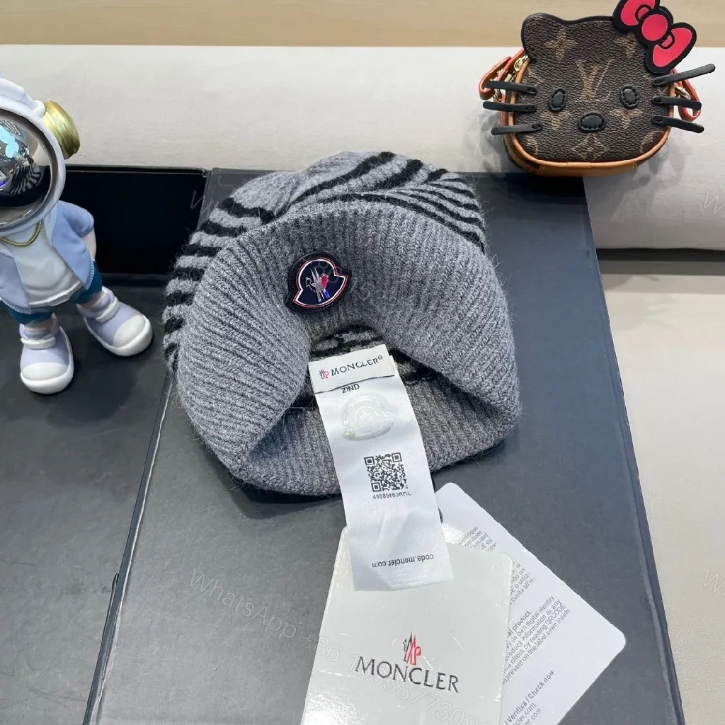 View 5 of Cozy Striped Knit Beanie with Moncler Badge - Luxe Warmth