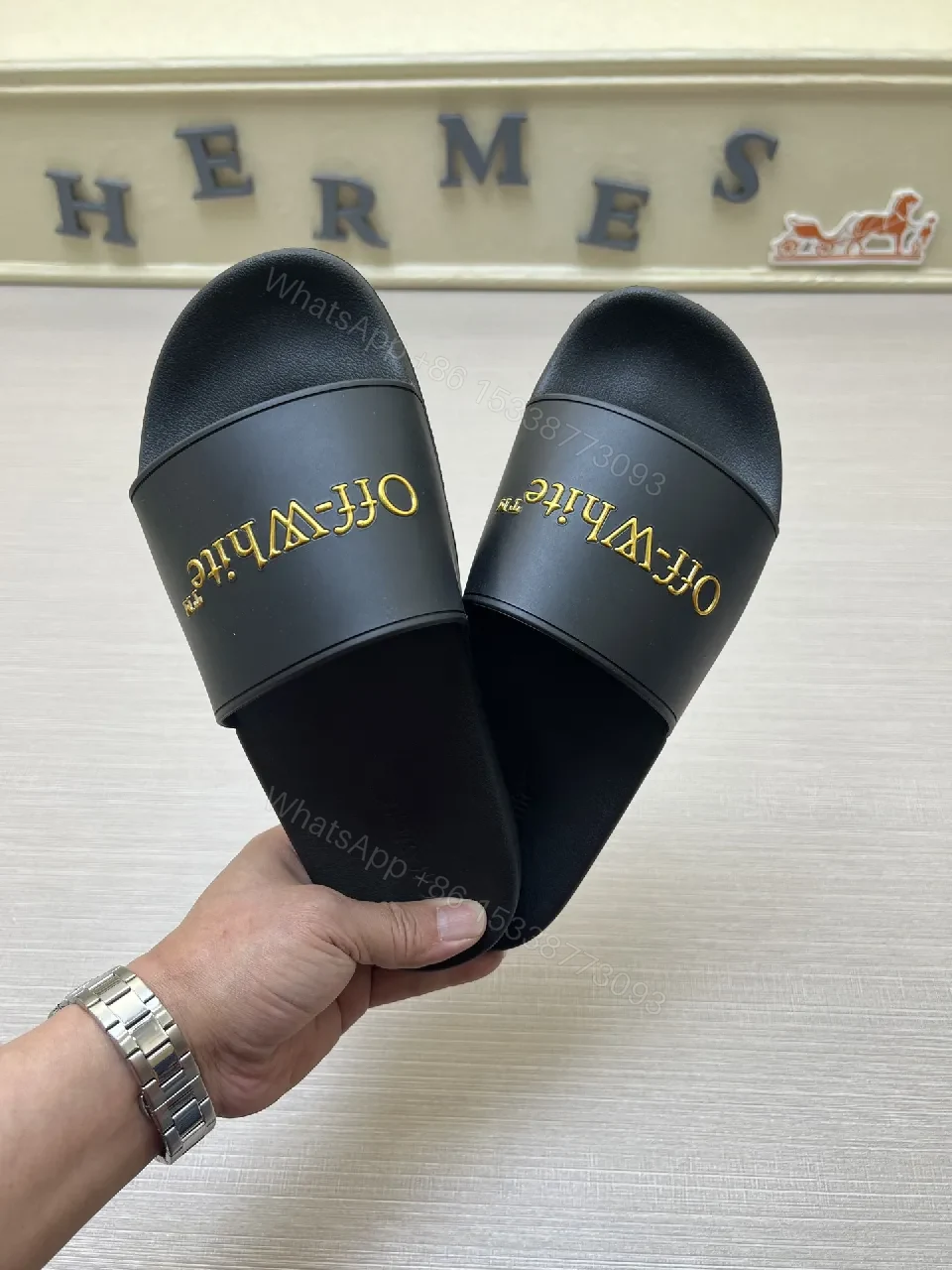 View 4 of Chic Faux-Leather Slide Sandals with Gold Logo Comfort