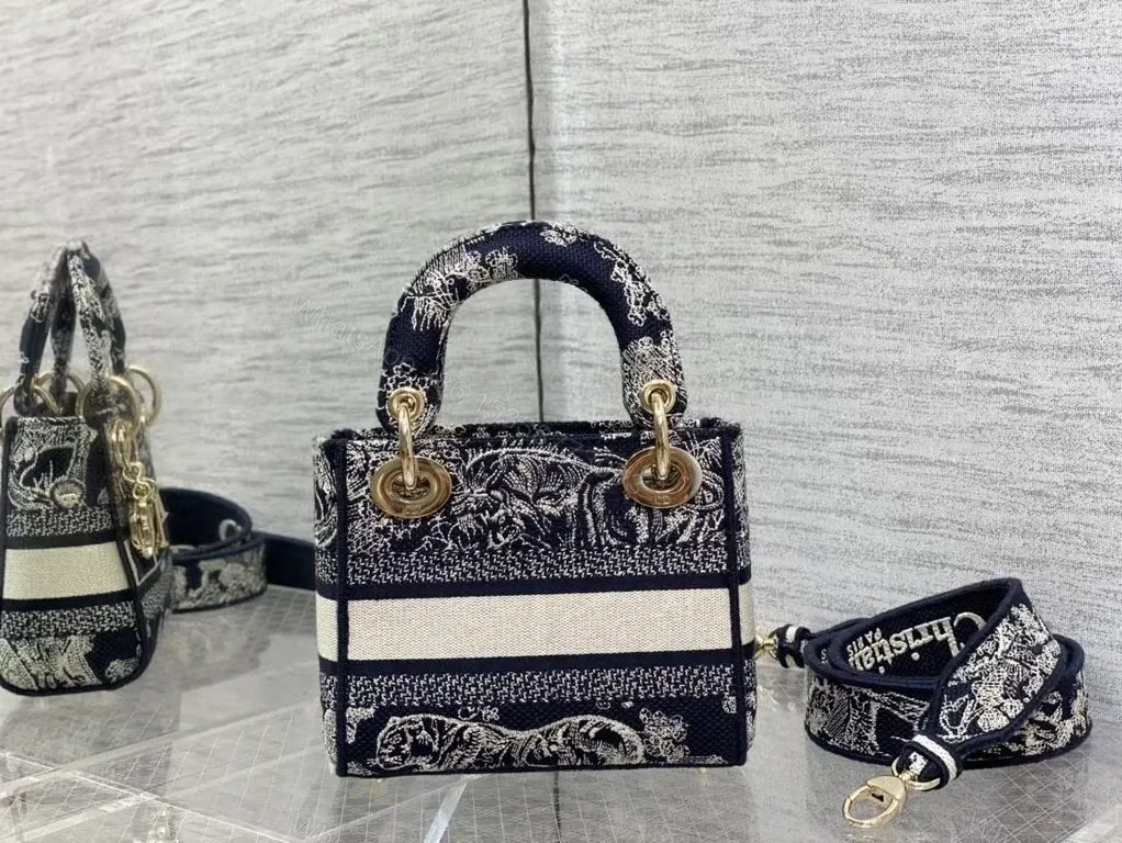 View 7 of Navy Tapestry Mini Tote: Dior Logo Luxe Carryall