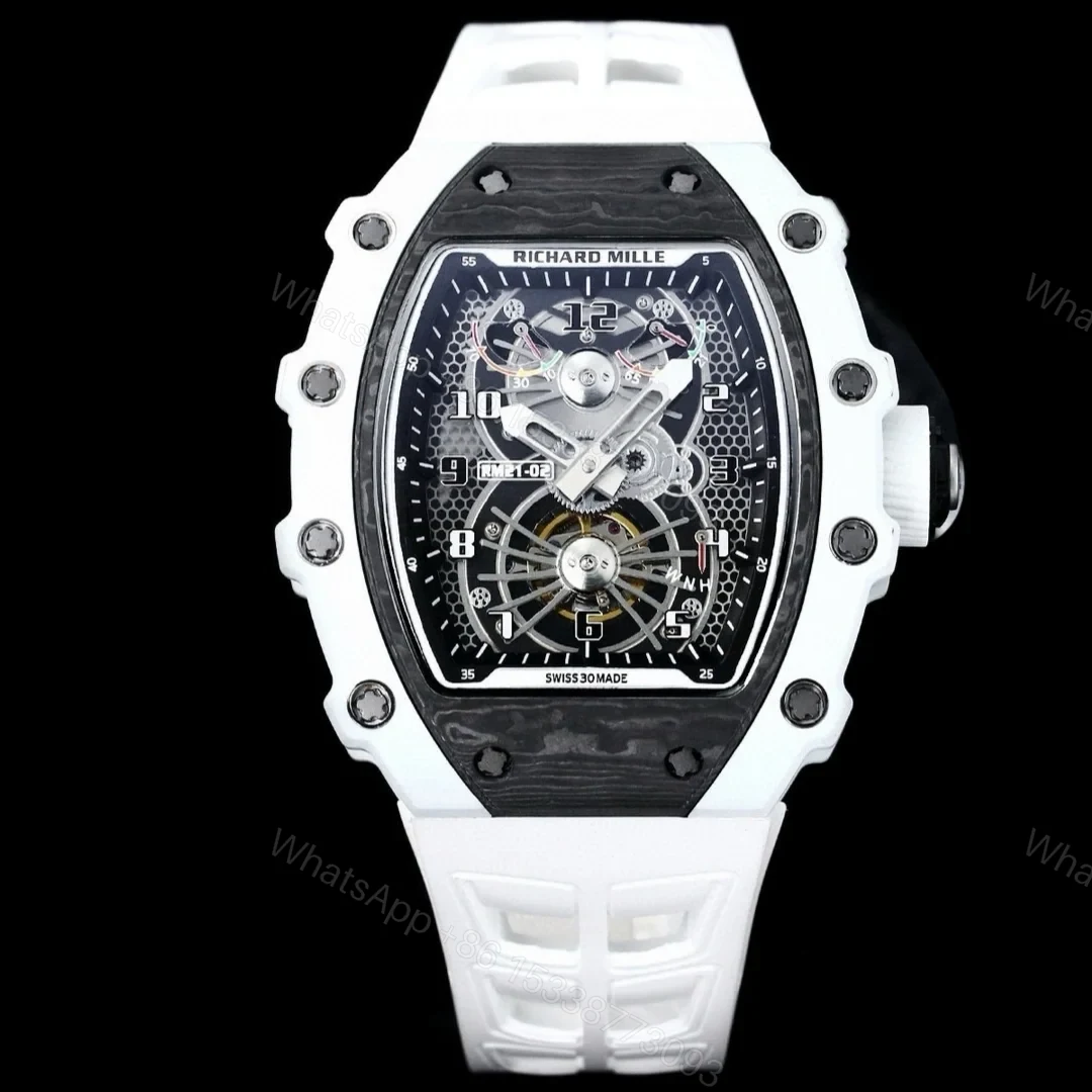 Richard Mille RM21-01 Automatic Skeleton Watch 40MM Black Carbon Fiber Case White Bezel White Strap Premium Edition RM-RM21-01-BLK-CARBON-WHT-40 — view 1