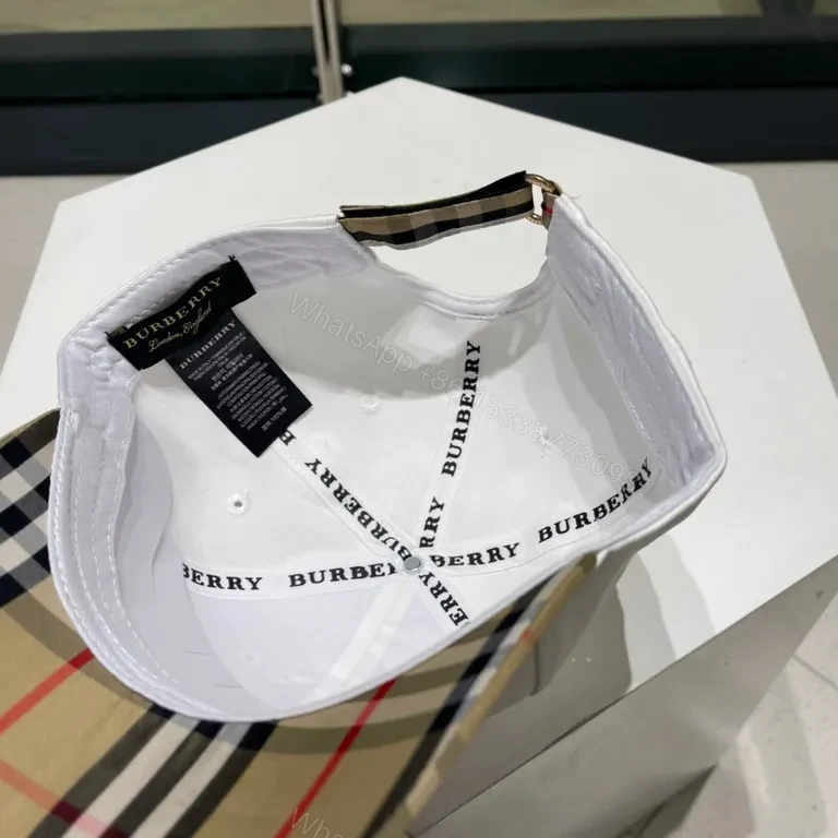 View 2 of Premium White Cap with Burberry Plaid Brim â€” Luxury Logo Cap