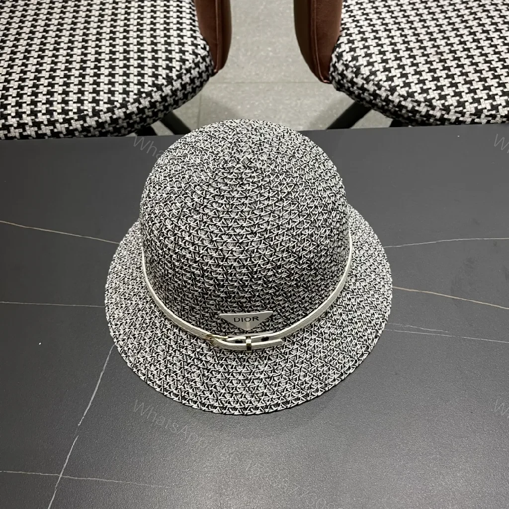 View 8 of Black Straw Hat with Dior Band, Structured Fedora Style, Signed Band