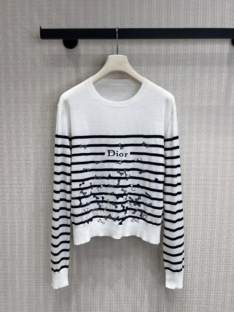 View 8 of White Knit Top Black Stripes Dior Floral Pattern Crew Neck Crop Top