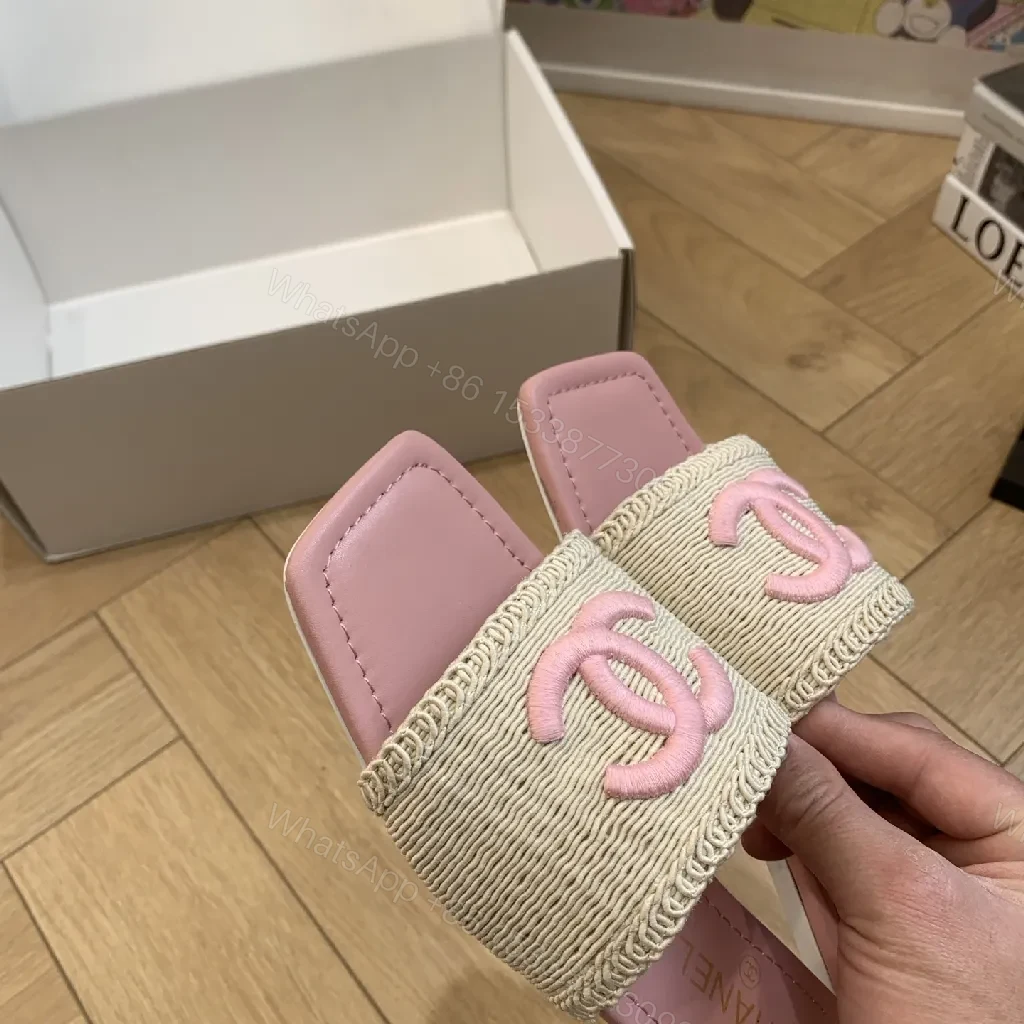 View 5 of Pink Raffia Slide, Interlocking Logo, Luxe Comfort Slides