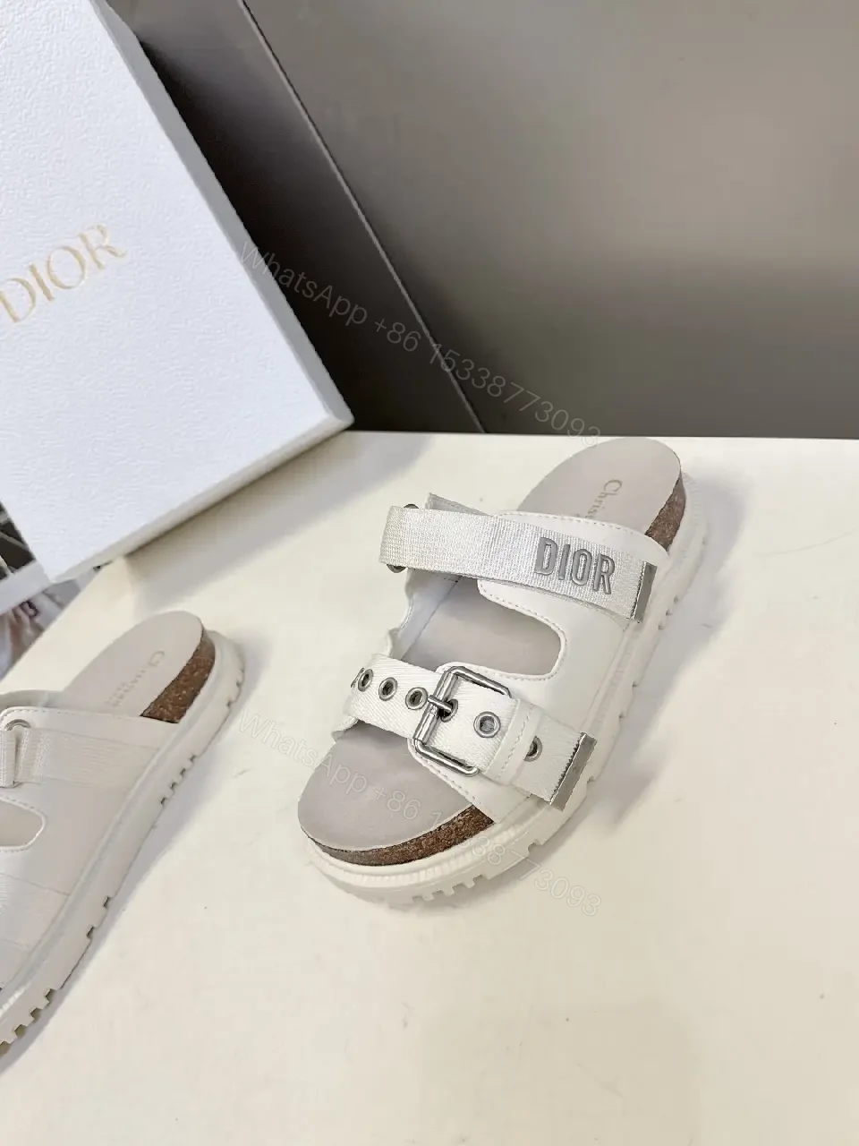 View 8 of White Leather Sandals with Buckle Straps - Dior Inspired Style