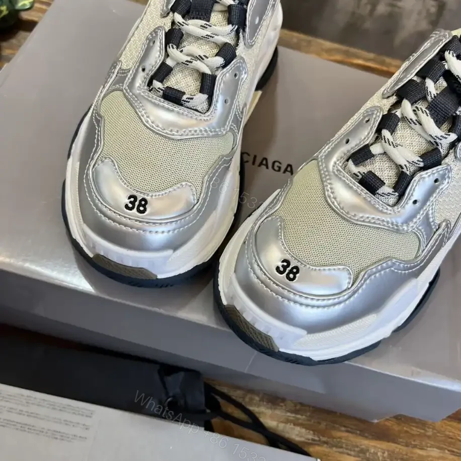 View 9 of BALENCIAGA WOMEN’S TRIPLE S SNEAKER IN BLACK/WHITE/SILVER – BB256