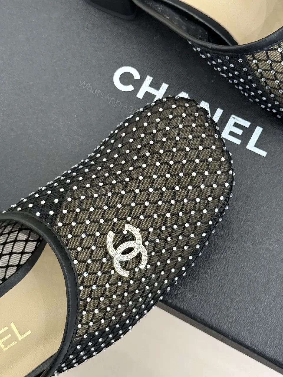 View 9 of Black Mesh Studded Mules Chanel Style Slippers