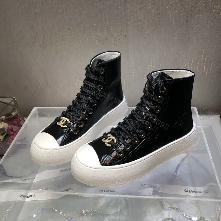 View 8 of Chanel-Inspired Black Patent High-Top Sneakers with Gold Logo