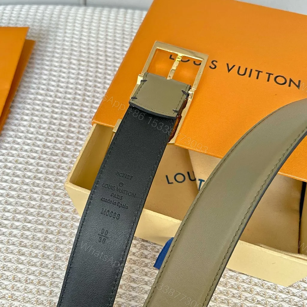 View 4 of Two-Tone Leather Belt with LV Buckle, Minimalist Style