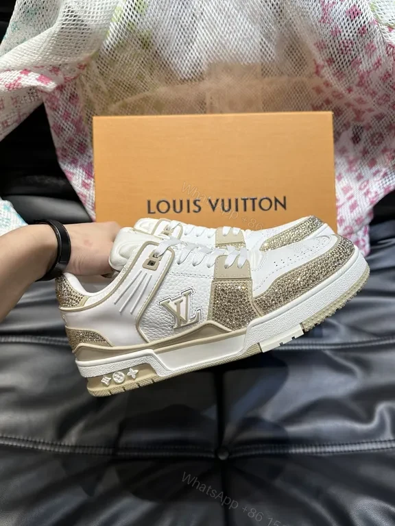 View 9 of White Leather Sneakers with Gold Accents, Perforated Toe, LV Logo