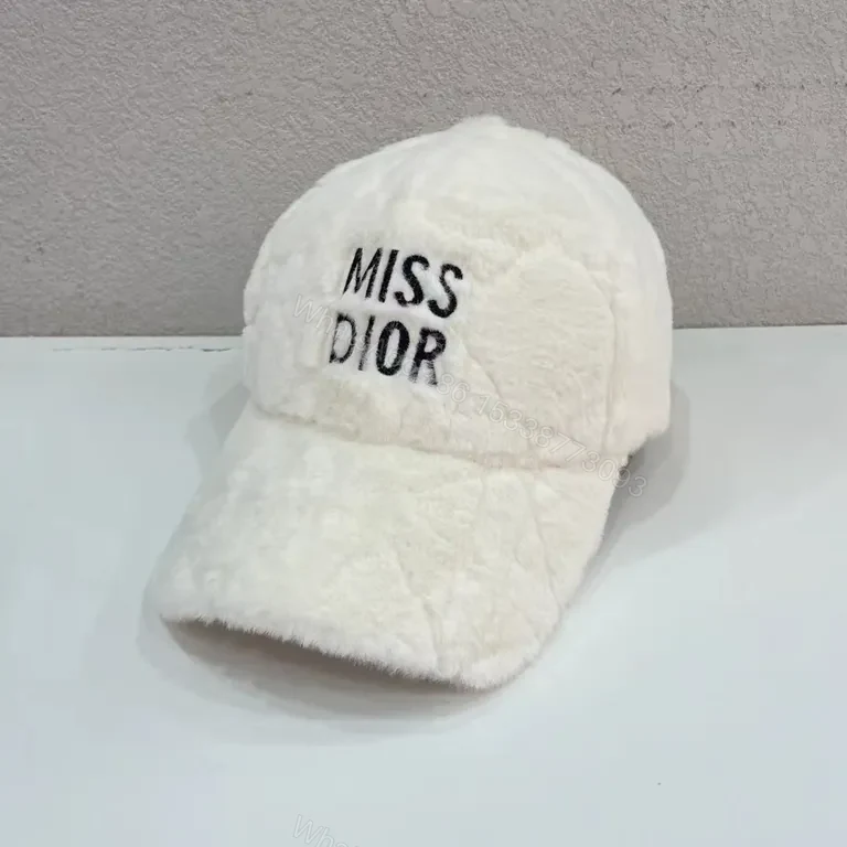Faux-Fur Ivory Cap: Miss Dior Script Luxury Baseball Cap — view 1