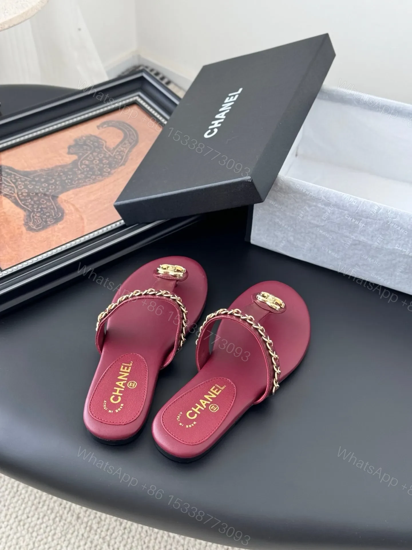 View 5 of Chanel Women Burgundy Leather Chain Detail Slides