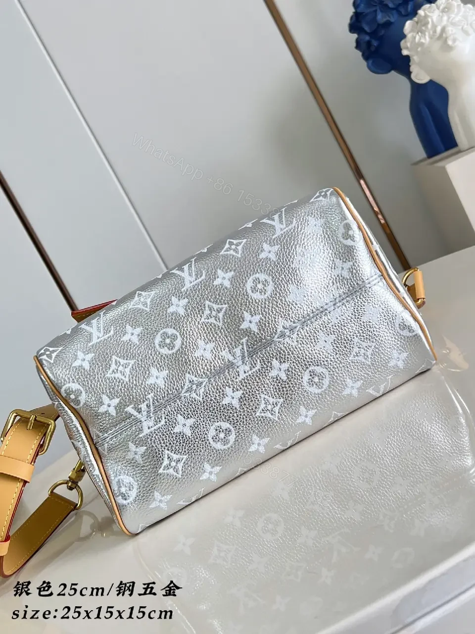 View 2 of Silver Monogram Satchel - Reflective Leather Luxury Bag