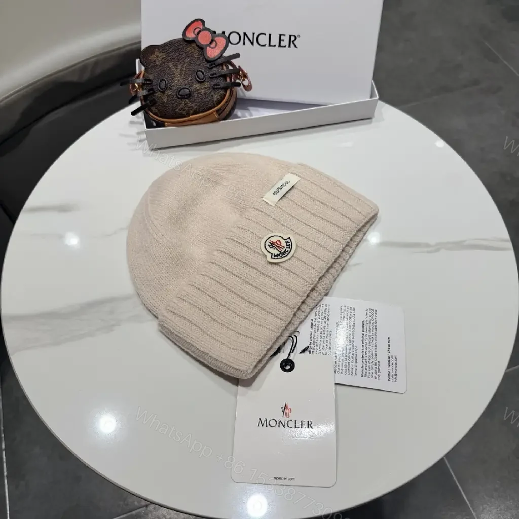 View 10 of Beige Wool Knit Beanie, Subtle Crest, Everyday Luxury