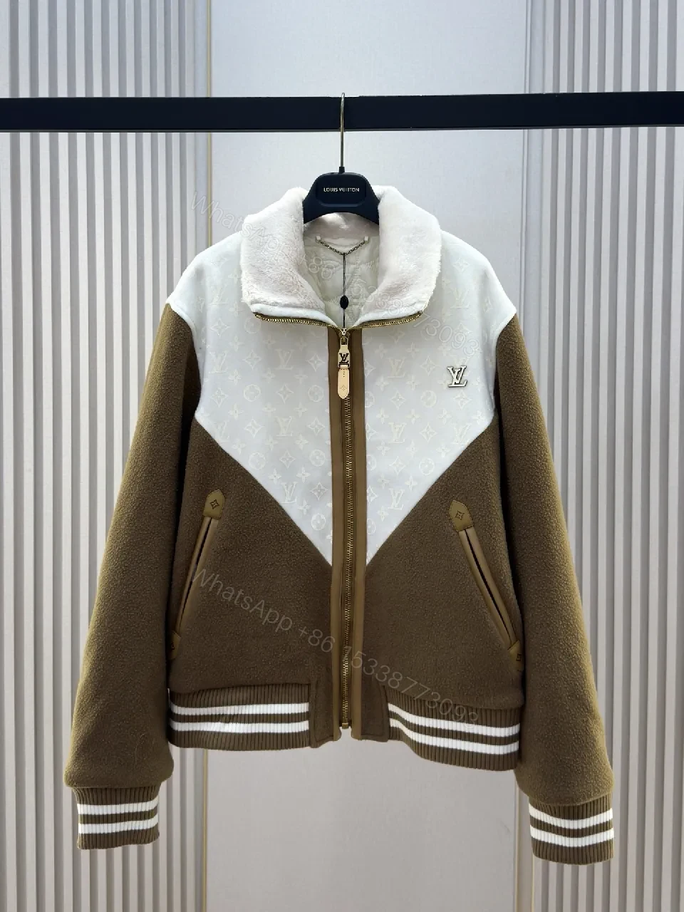 Brown & Off-White Monogram Varsity Jacket: Rich Texture, Modern Luxury — view 1