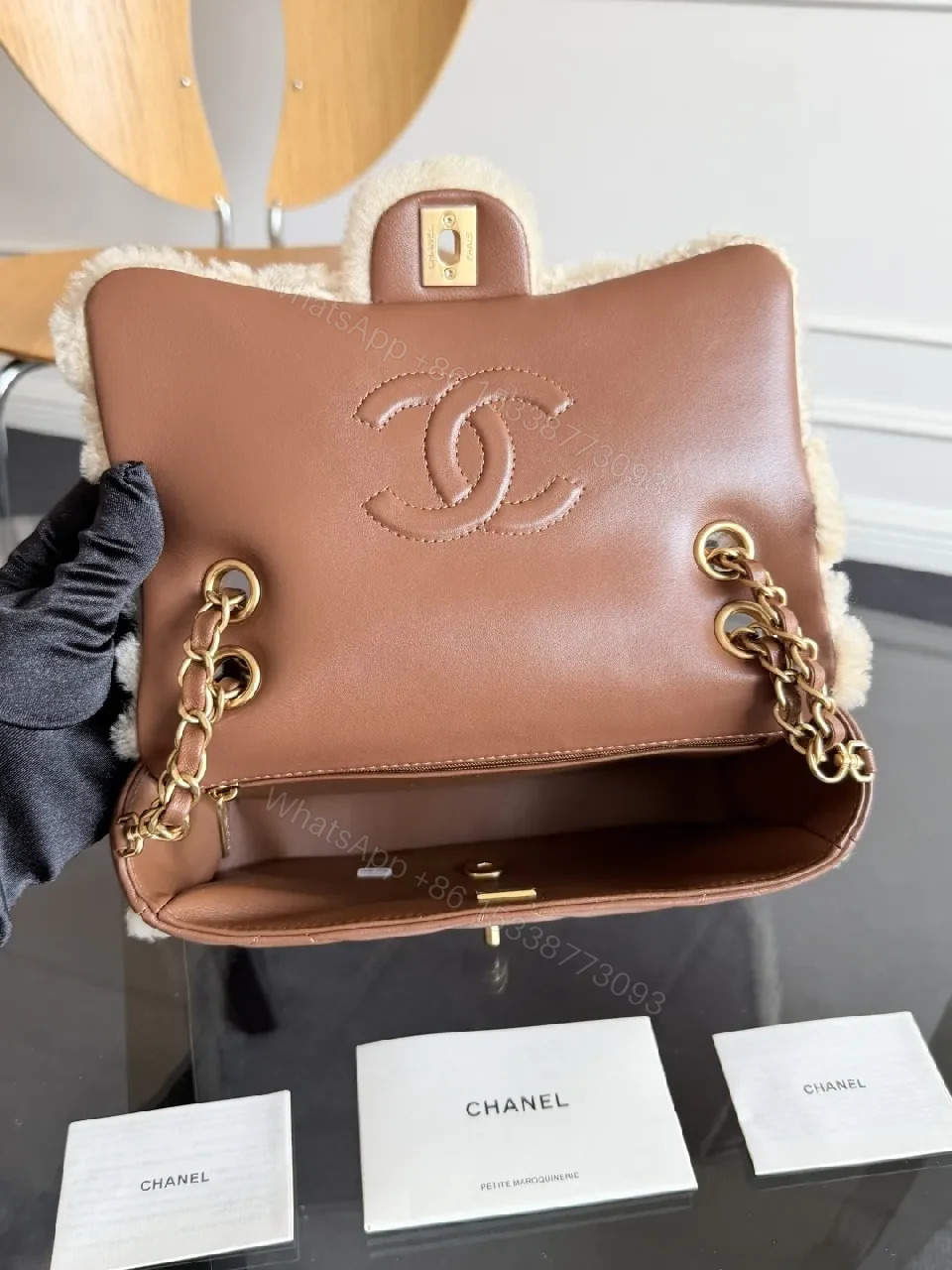 View 14 of Ivory Shearling Quilted Bag: Luxe Chain-Detail