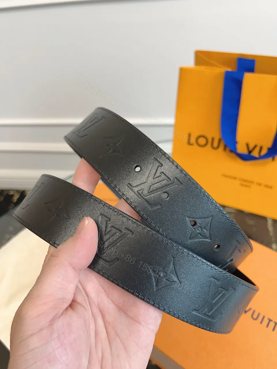 View 7 of Black Monogram Belt: Signature Buckle, Full-Grain Leather