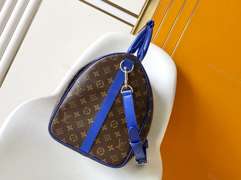 View 4 of Bold Monogram Weekend Bag: Electric Blue Straps, Luxe Travel