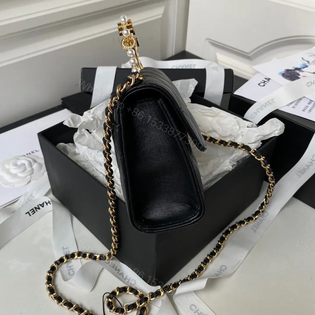 View 8 of Chanel Woc Pearl Handle Plated Handbags Black Leather With Lock Gold 11.5×14.5×5.5cm