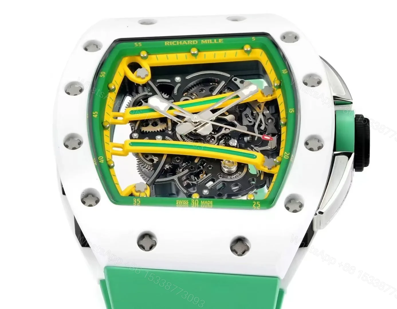 View 3 of Richard Mille RM61-01 Watch TZP-N Zirconia Ceramic NTPT Carbon Fiber Skeleton Dial RMUL2 Manual Winding Movement Yellow Green Suspended Bridge Luxury Sports Watch RM61-01-TZP-YGB-SK