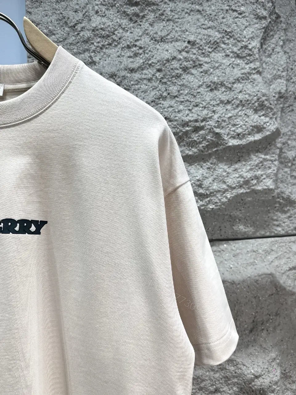 View 4 of Light Beige Off-White Loose Tee with Chest Logo, Short Sleeves