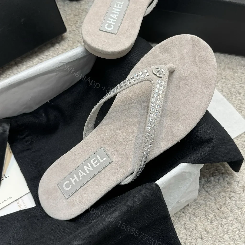 View 5 of Sand Beige Crystal-Embellished Chanel-Style Flip-Flops - All-Day Glam