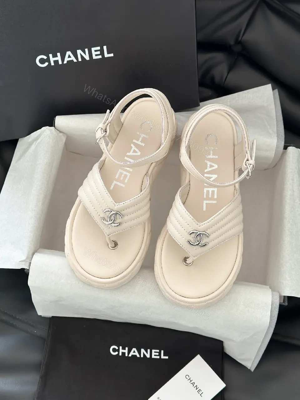 View 7 of Elegant Comfort Sandal: Signature Hardware, Open-Toe, Beige Leather-like Finish