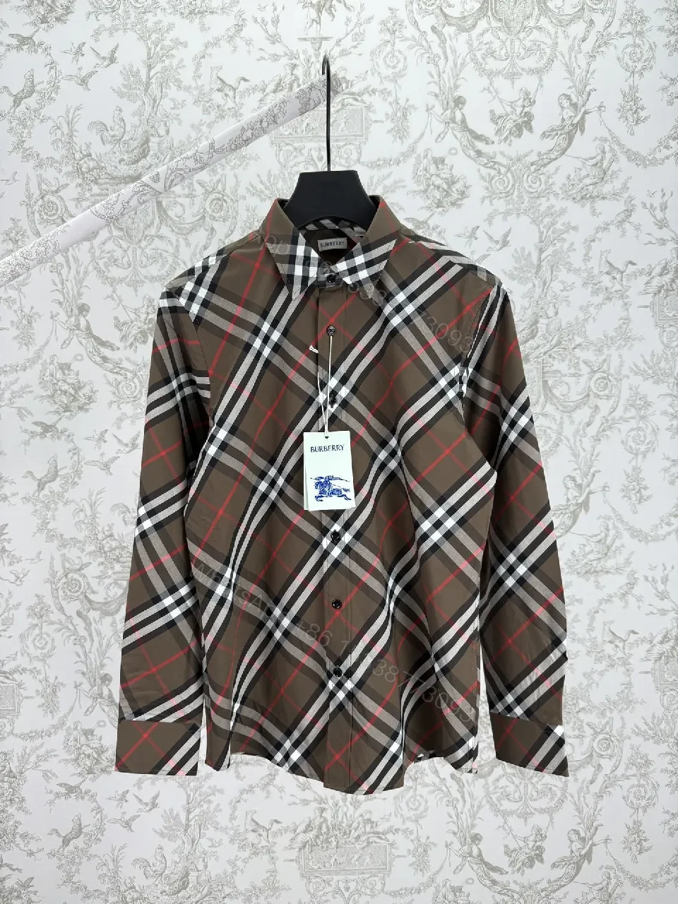 Brown Plaid Cotton Button-Down Shirt with Signature Pattern — view 1