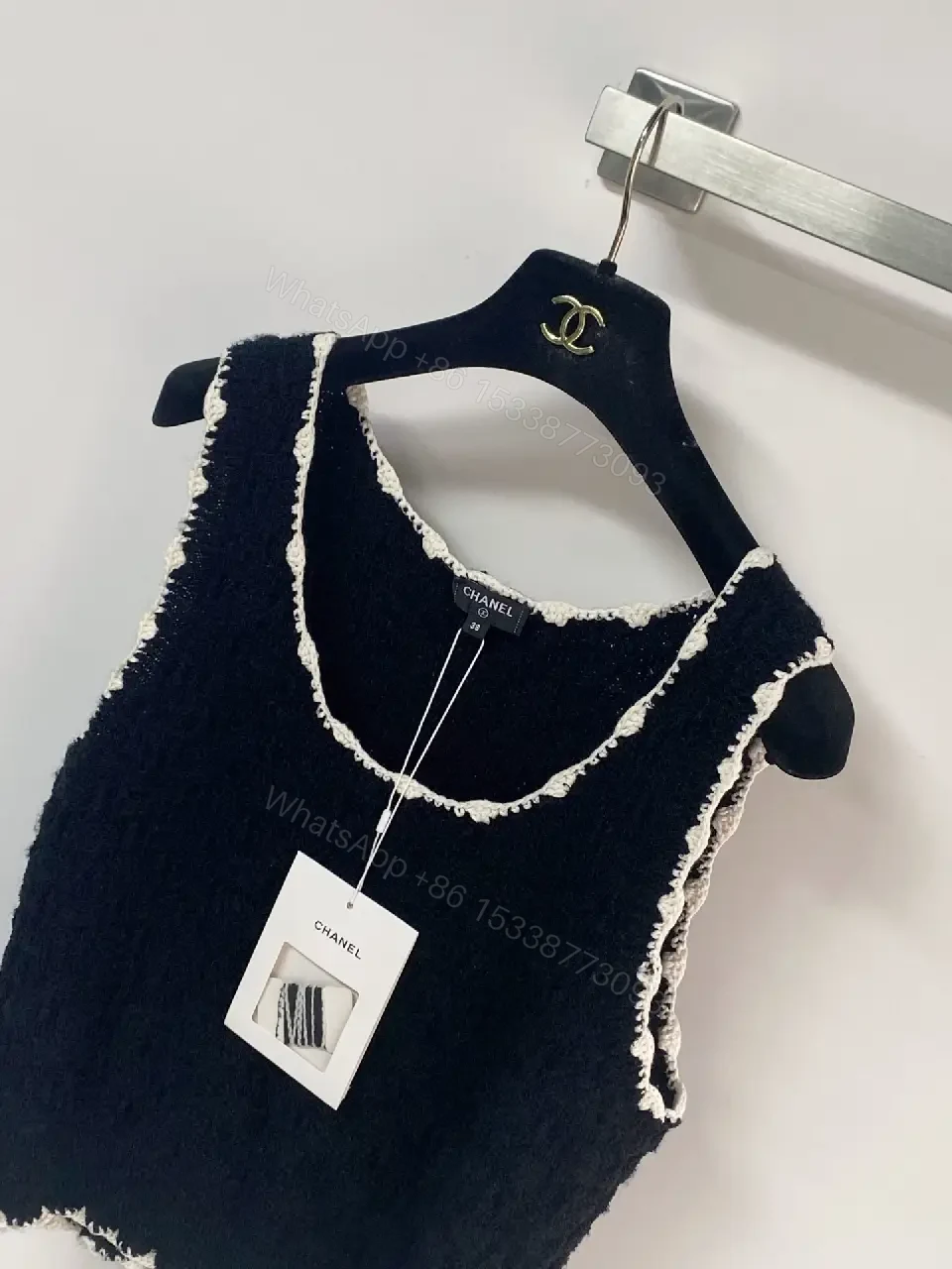View 8 of Navy Boucle Knit Tank with Fringe Trim – Luxe Studio Style
