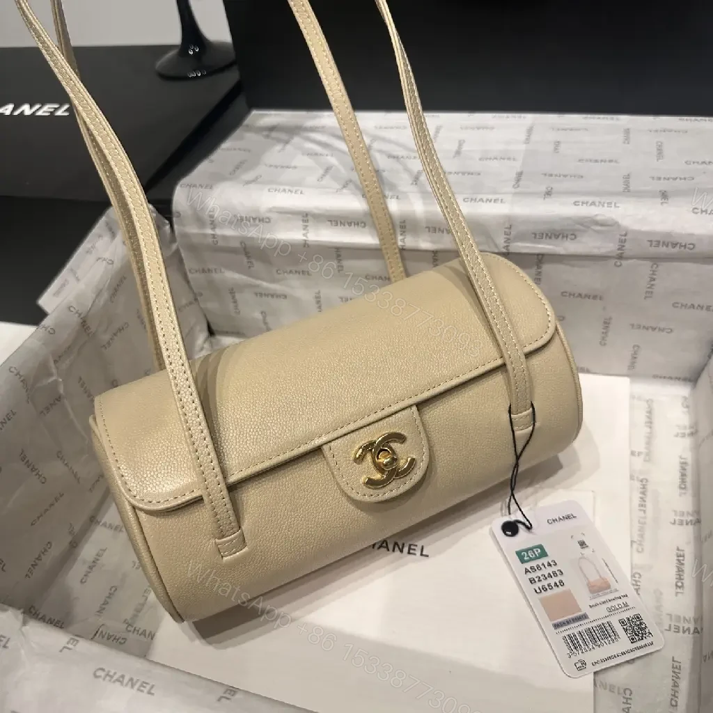 View 9 of Beige Leather Pebbled Small Top-Handle Bag with Gold Chanel Clasp