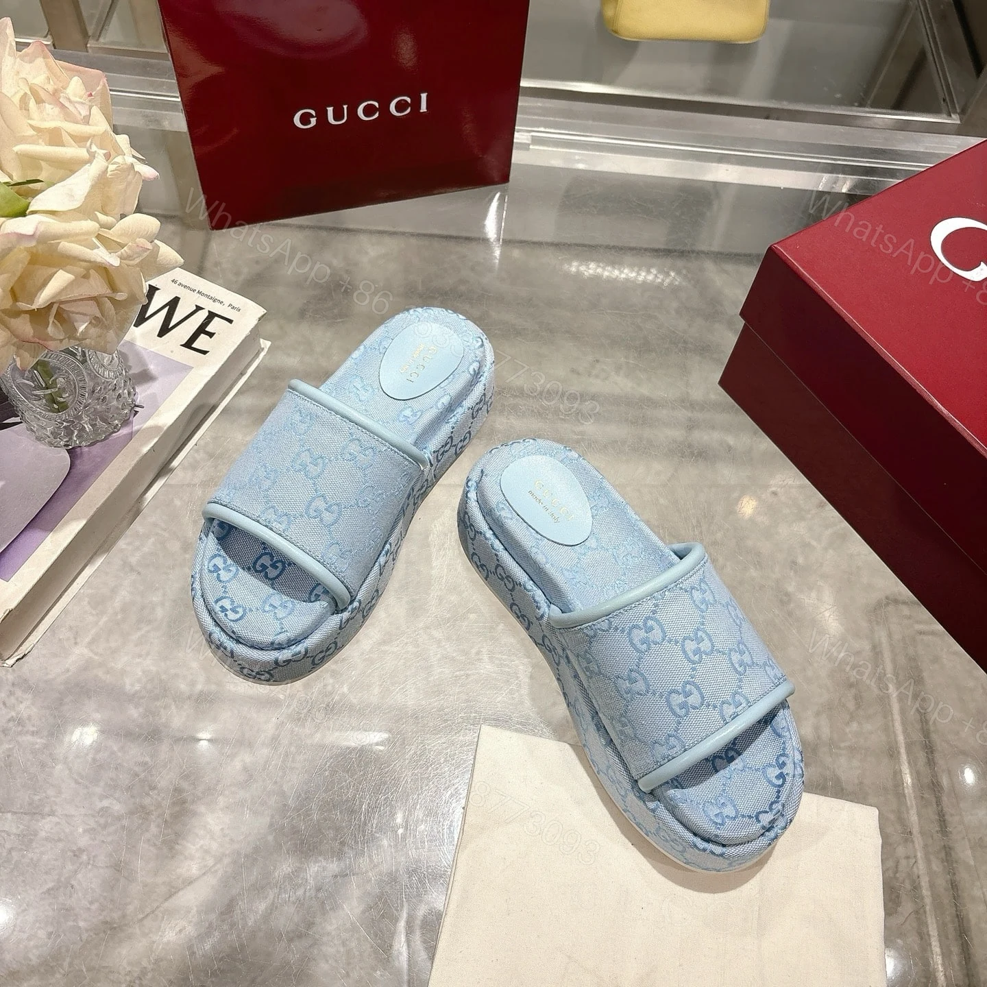 View 4 of GUCCI WOMEN’S GG PLATFORM SANDAL LIGHT BLUE ‎816797 FAD9D 4952