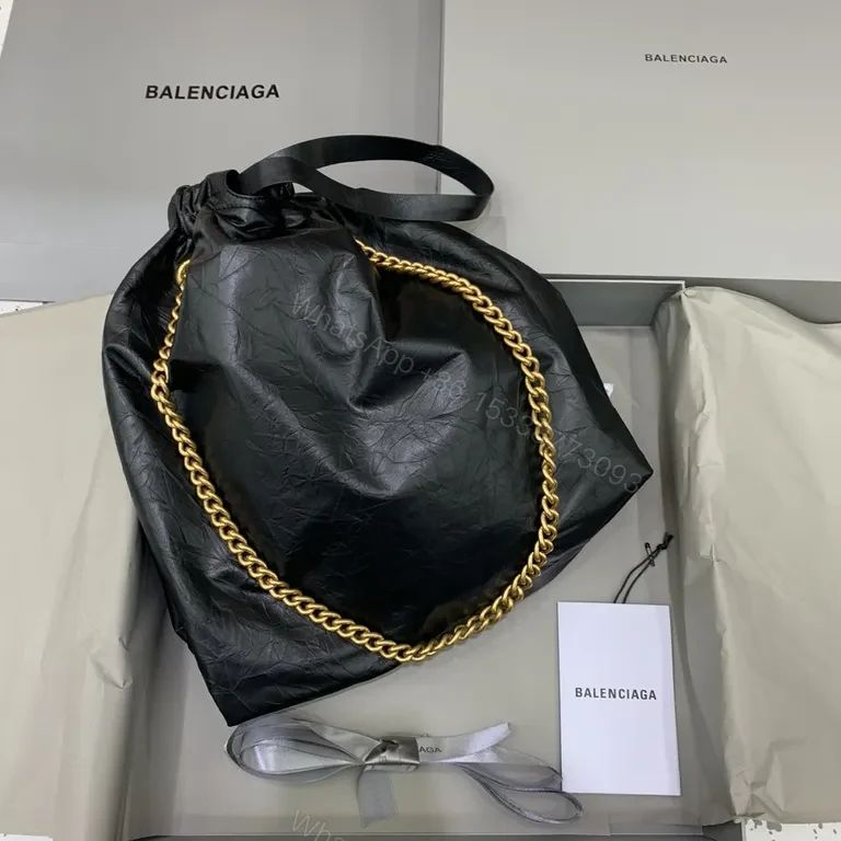 View 7 of Black Leather Balenciaga-Inspired Tote with Gold Chain Handle