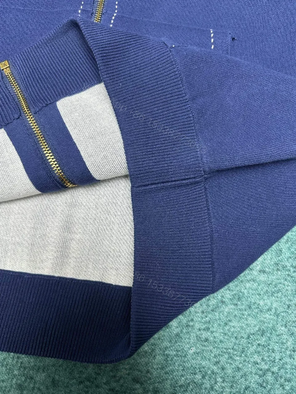 View 3 of Navy Velour Zip Hoodie - Luxury LV-Inspired Detail